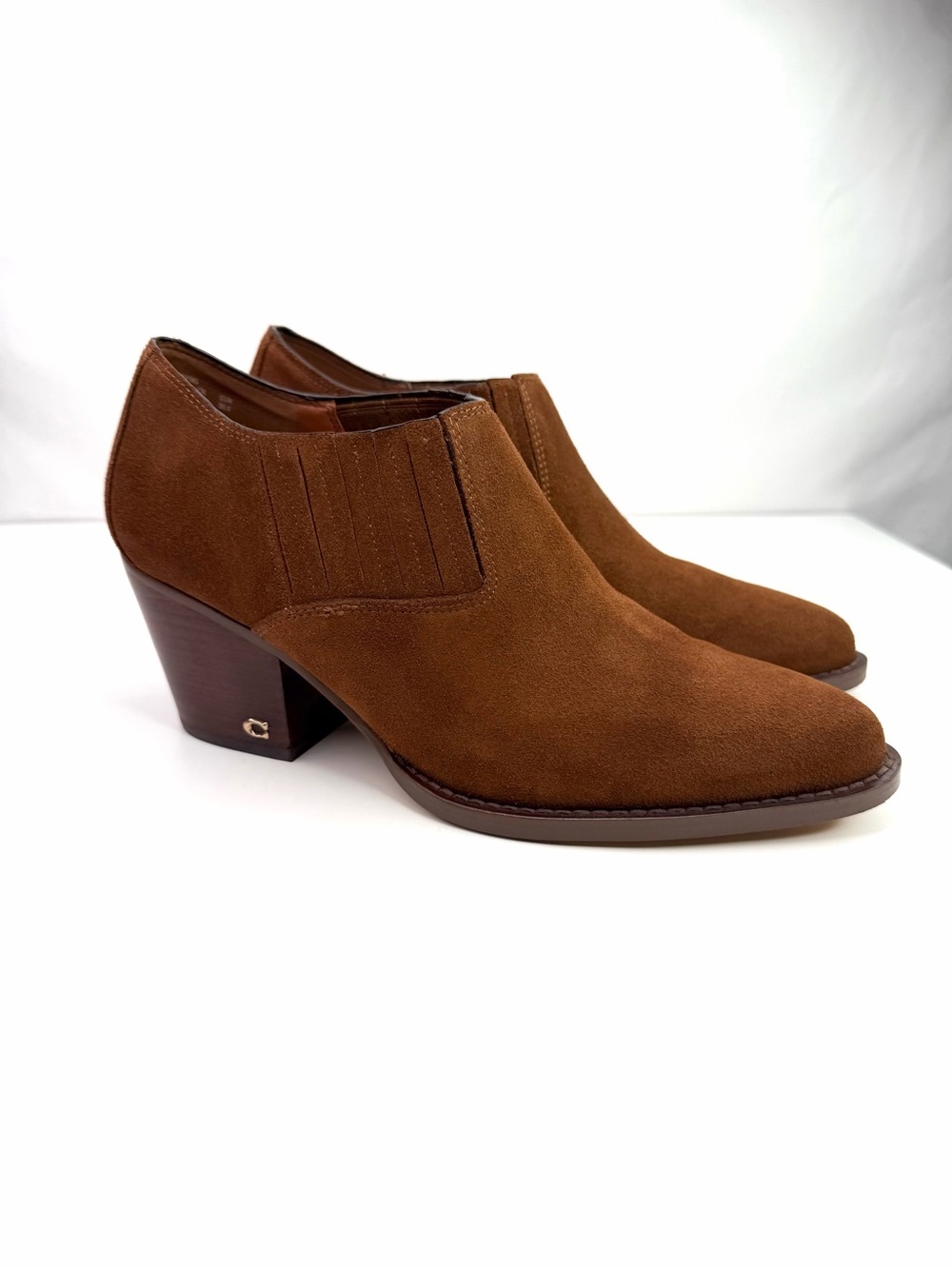 Coach Perri Tan Suede Low Block Heel Booties